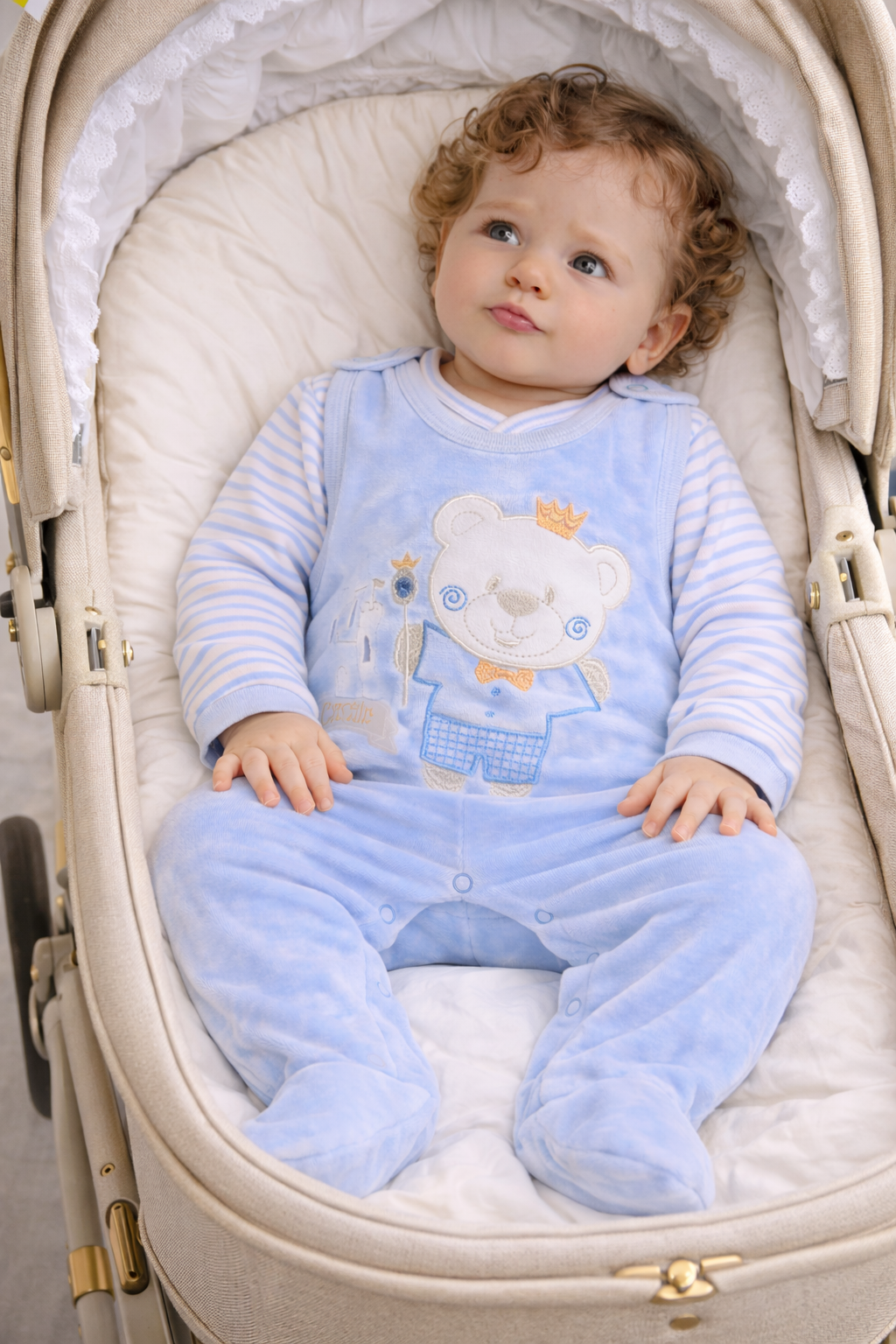 Strampler aus Velours und Shirt Baby Anzug in Blau