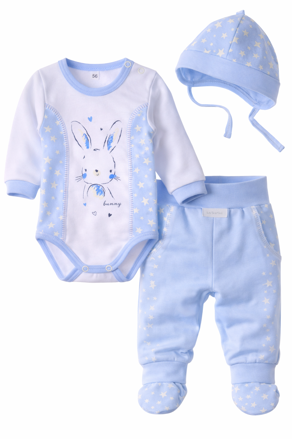 Body Hose und Mütze 3Tlg Baby Anzug in weiß blau mit Hasen