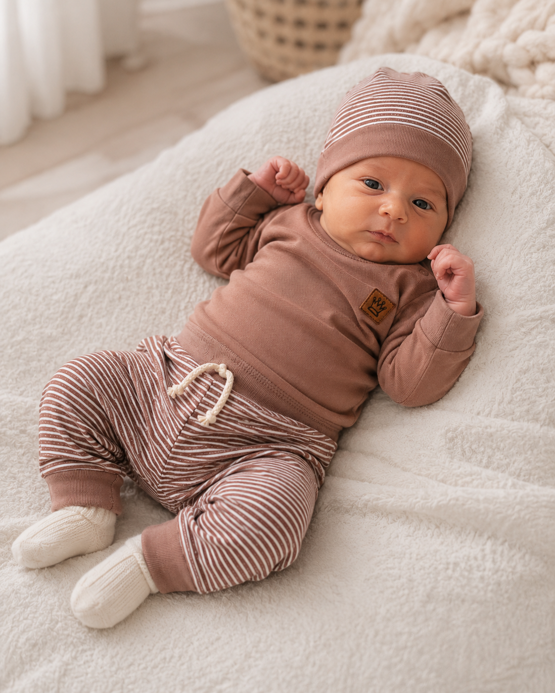 Baby Set 3Tlg Wickelbody Hose Mütze in braun
