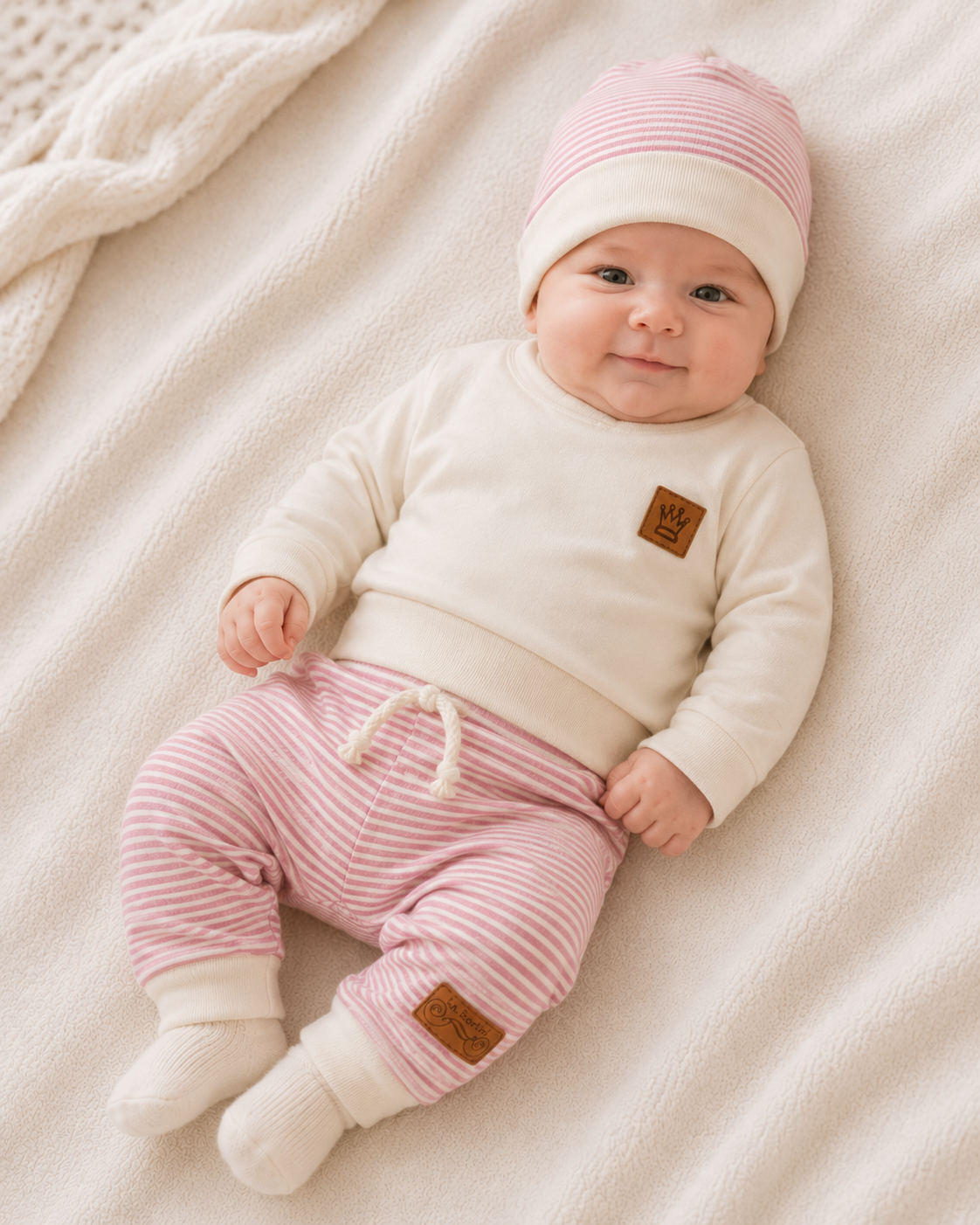 Baby Set 3Tlg Wickelbody Hose Mütze in Creme Altrosa