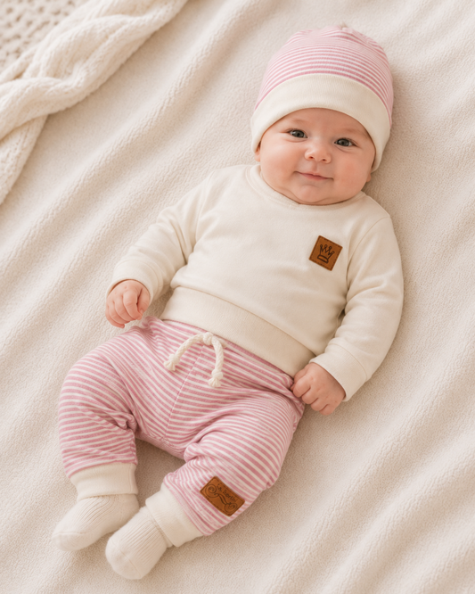 Baby Set 3Tlg Wickelbody Hose Mütze in Creme Altrosa