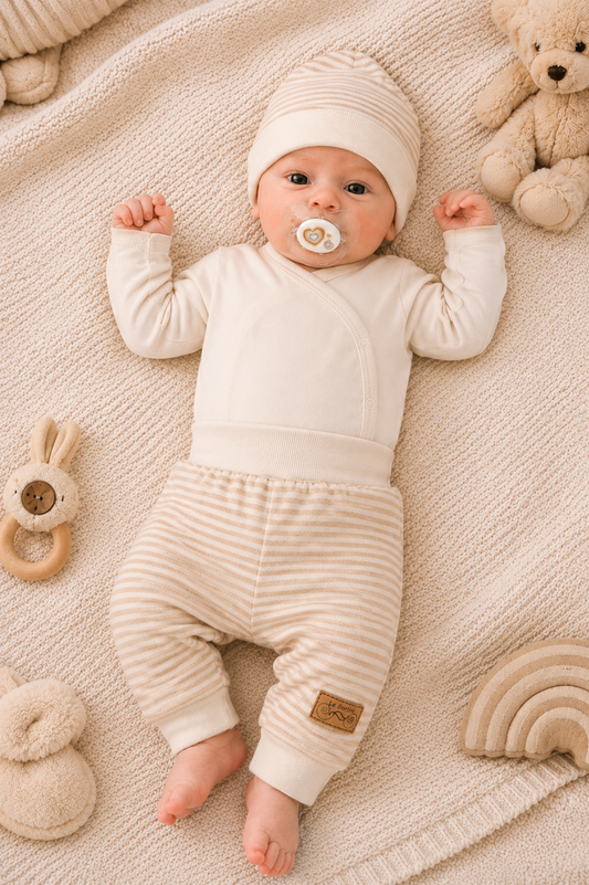 Baby Set 3Tlg Wickelbody Hose Mütze in Creme