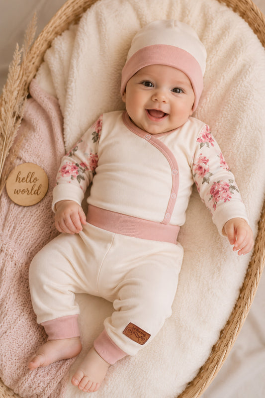 Baby Set 3Tlg Wickelbody Hose Mütze in Creme mit Blumen