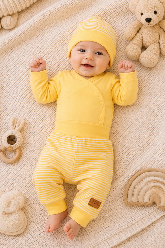 Baby Set 3Tlg Wickelbody Hose Mütze in Gelb