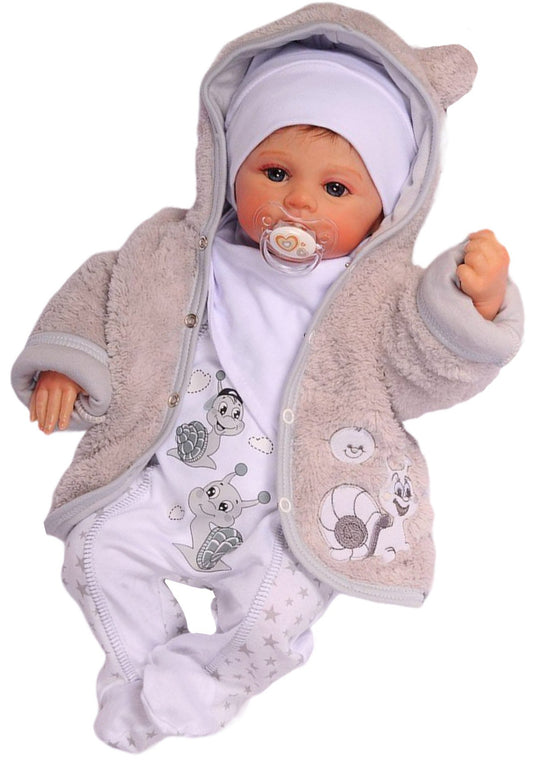 Erstlingsausstattung 5tlg Strampler Jacke Mütze Langarmshirt Lätzchen in Weiß Grau