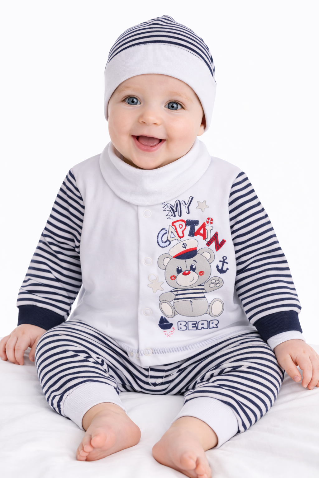 Baby Anzug 4-teilig Hemdchen Hose Mütze Dreieckstuch mit Bärchen