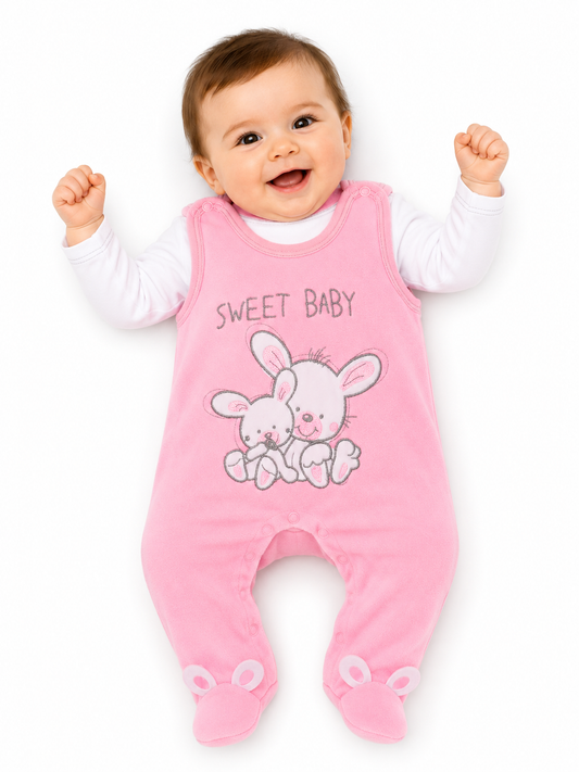 Strampler und Shirt Baby Anzug in Rosa mit Hasen