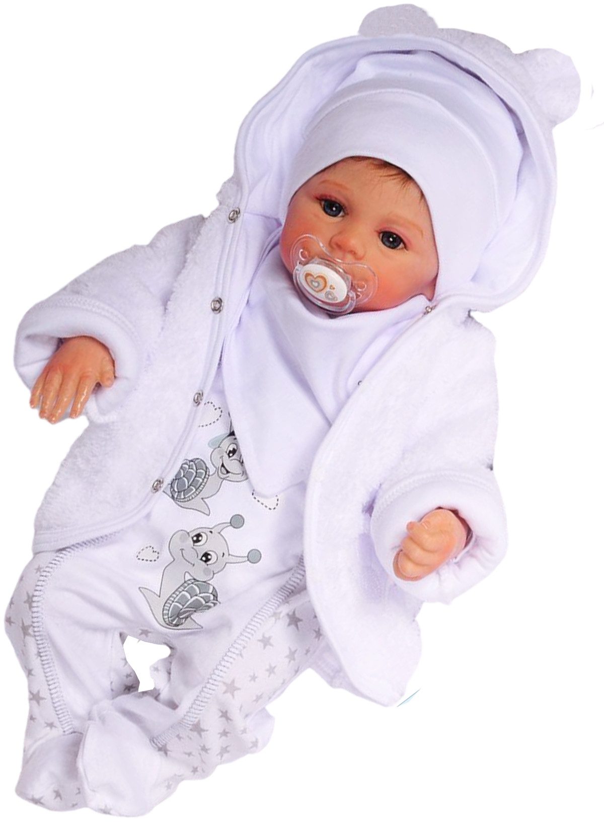 Erstlingsausstattung 5tlg Strampler Jacke Mütze Langarmshirt Lätzchen in Weiß