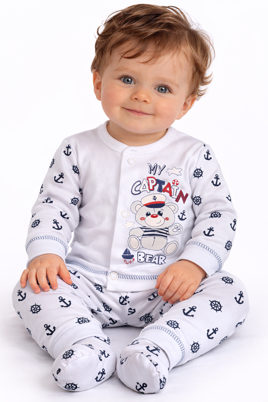 Hose Baby Anzug 2Tlg Hose und Hemdchen in Weiß mit Anker Muster