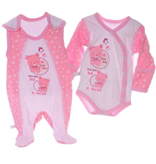 Wickelbody mit Kratzschutz und Strampler Baby Set in Rosa mit Sternchen und Bären