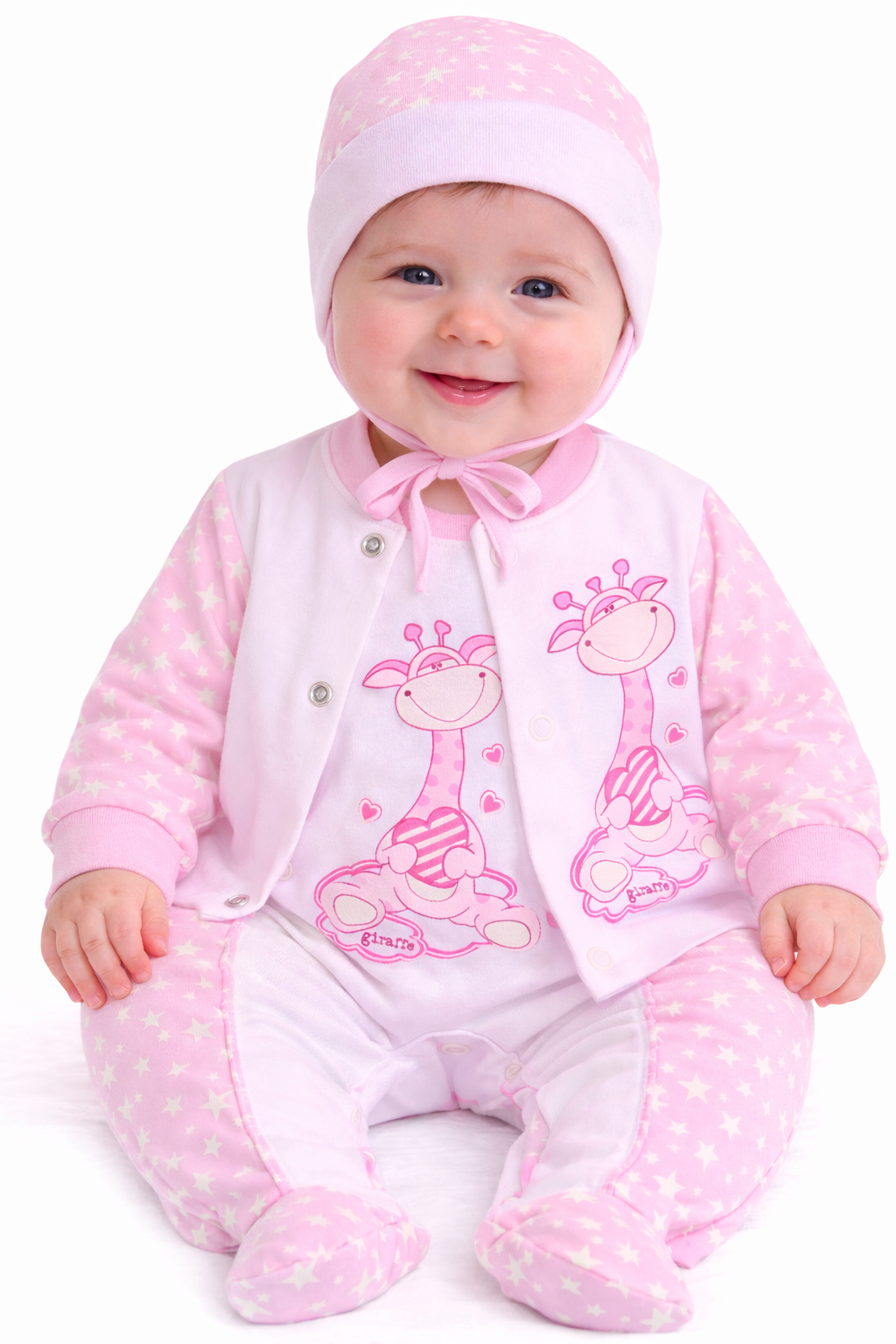 Strampler Mütze und Hemdchen Baby Anzug in weiß rosa mit Giraffen Aufdruck