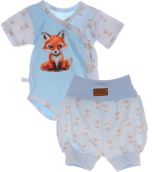 Body und Shorts Baby Anzug Pumpshorts in Altblau mit Fuchs