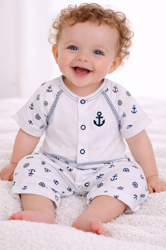 Baby Spieler Romper kurzer Strampler in Weiß mit Anker Muster