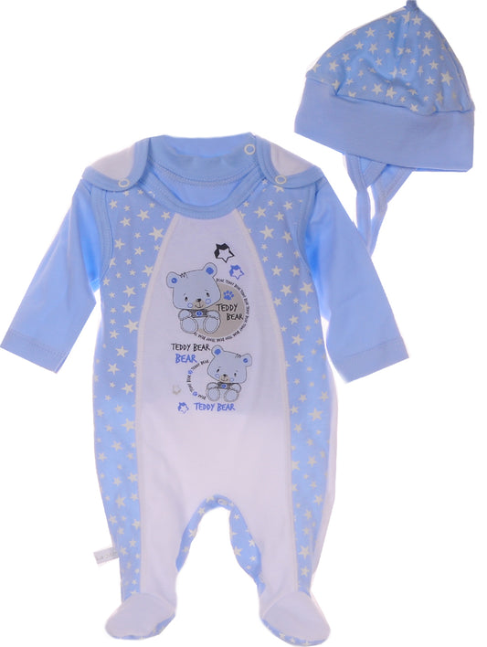 Strampler Mütze und Hemdchen Baby Anzug in Blau mit Sternchen und Bären