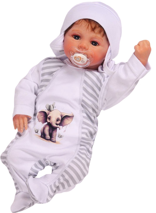 Strampler Mütze und Langarmshirt Baby Anzug in Weiß gestreift mit Elefanten Aufdruck