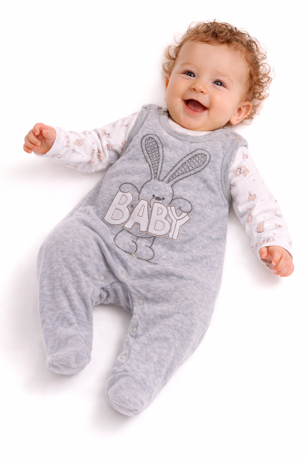 Strampler und Shirt Baby Anzug in Grau mit Hasen