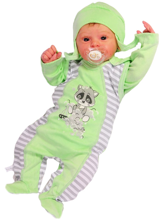 Strampler Mütze Langarmshirt Baby Anzug in Grün mit Waschbär Aufdruck gestreift