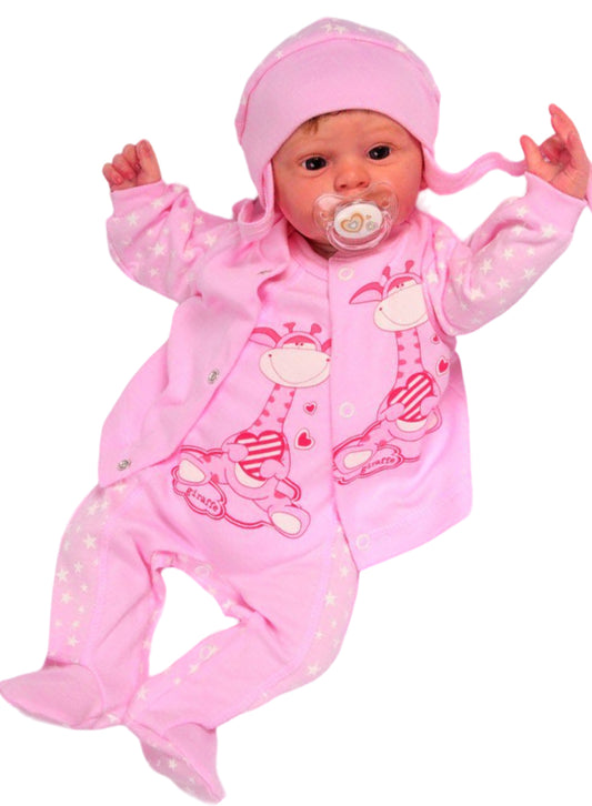 Strampler Mütze und Hemdchen Baby Anzug in Rosa mit Giraffen und Sternen Erstlingsset