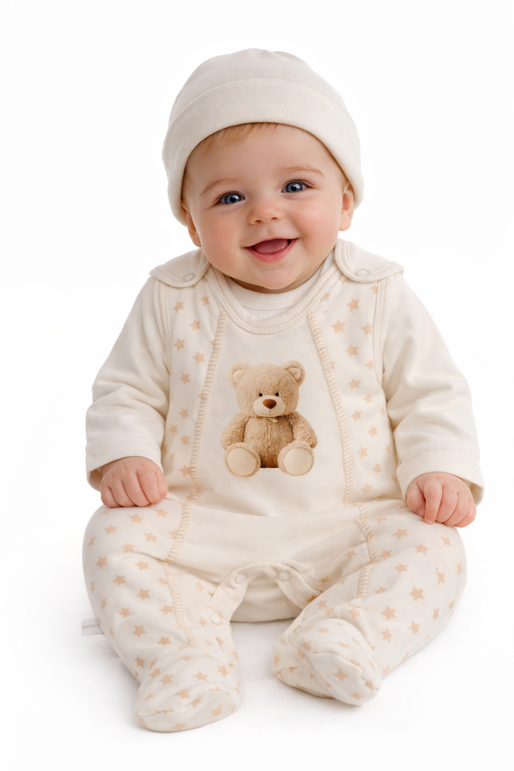 Strampler Mütze und Hemdchen Baby Anzug in Creme mit Bären