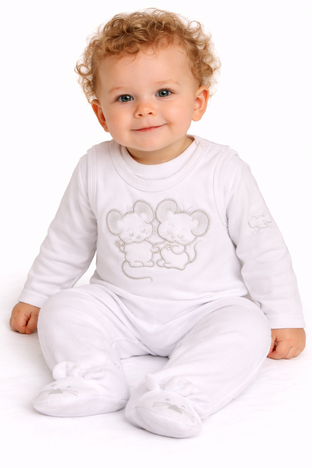 Strampler und Shirt Baby Anzug warm in Weiß mit Mäuschen