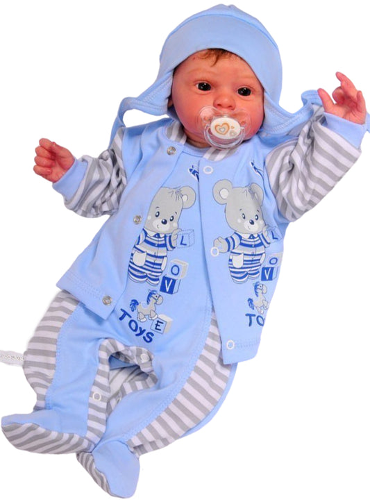 Strampler Mütze und Hemdchen Baby Anzug in Blau gestreift mit Bären