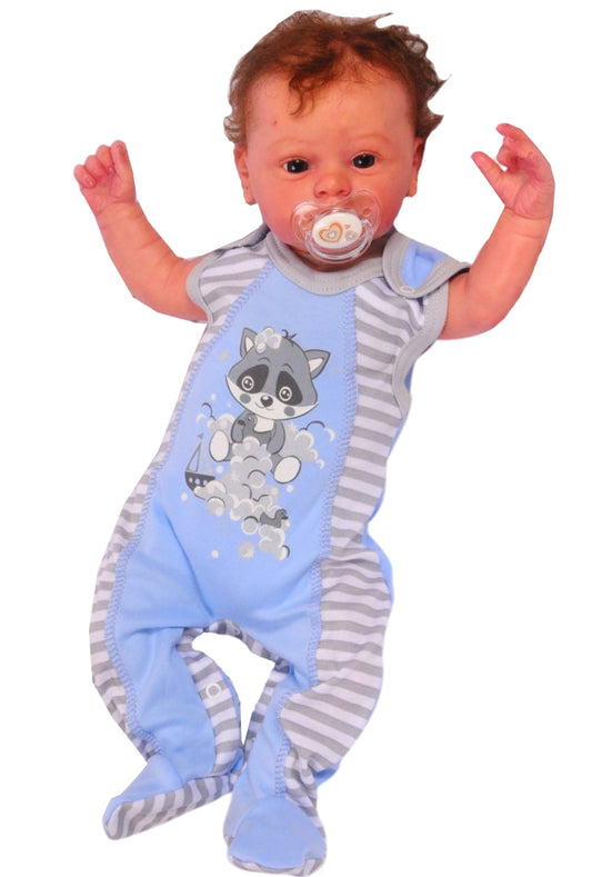 Baby Strampler ärmellos in Blau gestreift mit Waschbär Motiv