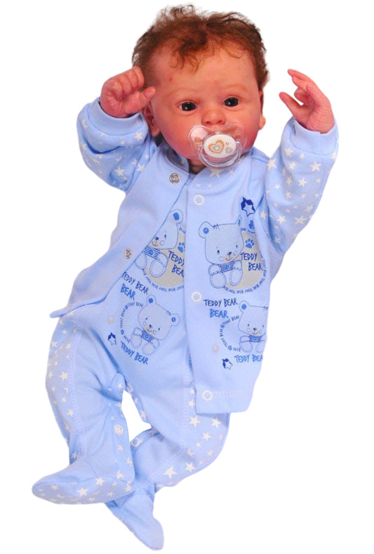 Strampler Hemdchen Baby Anzug in Blau mit Sternchen und Bären