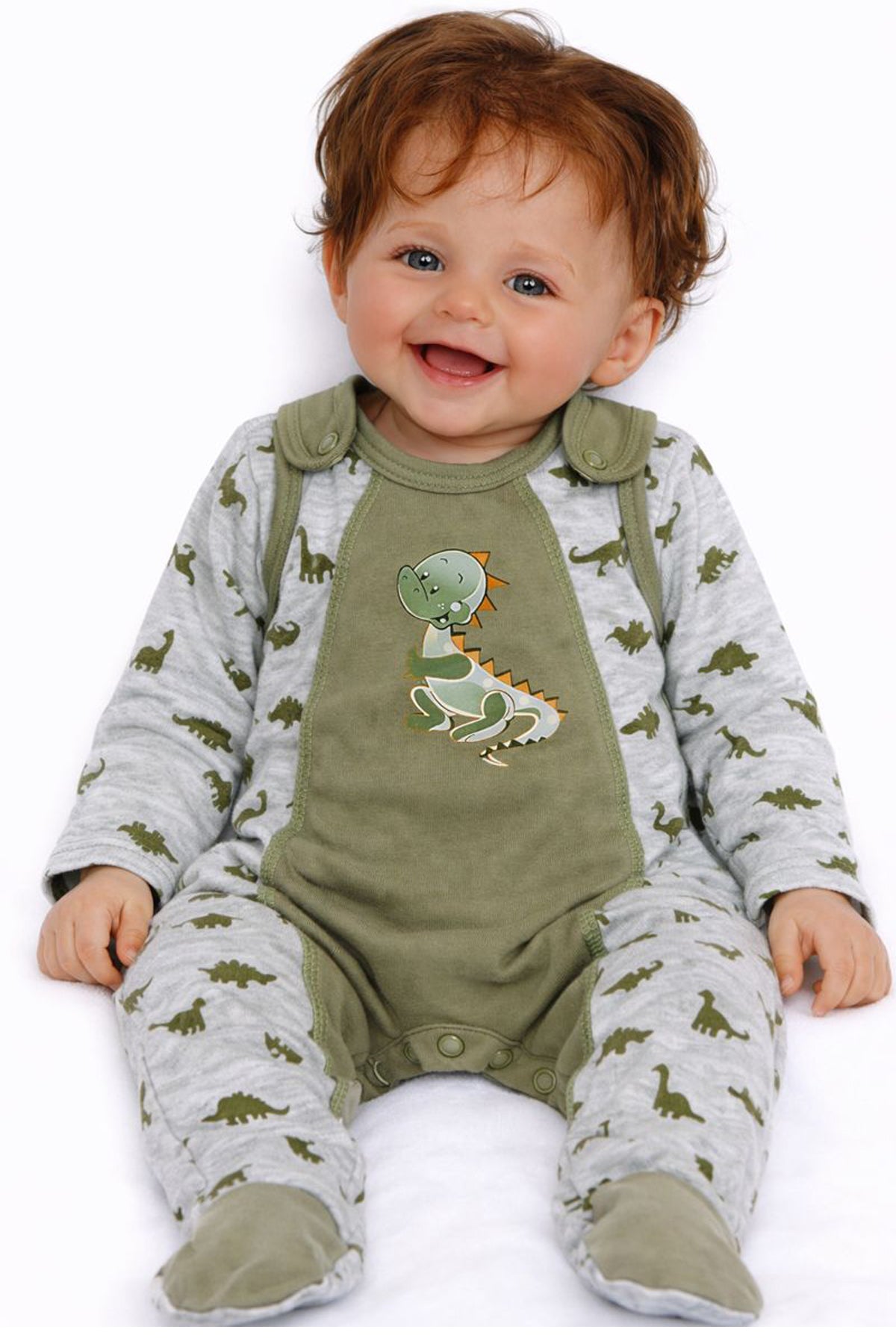 Wickelbody und Strampler Baby Set 2Tlg in Khaki mit Dinos Muster