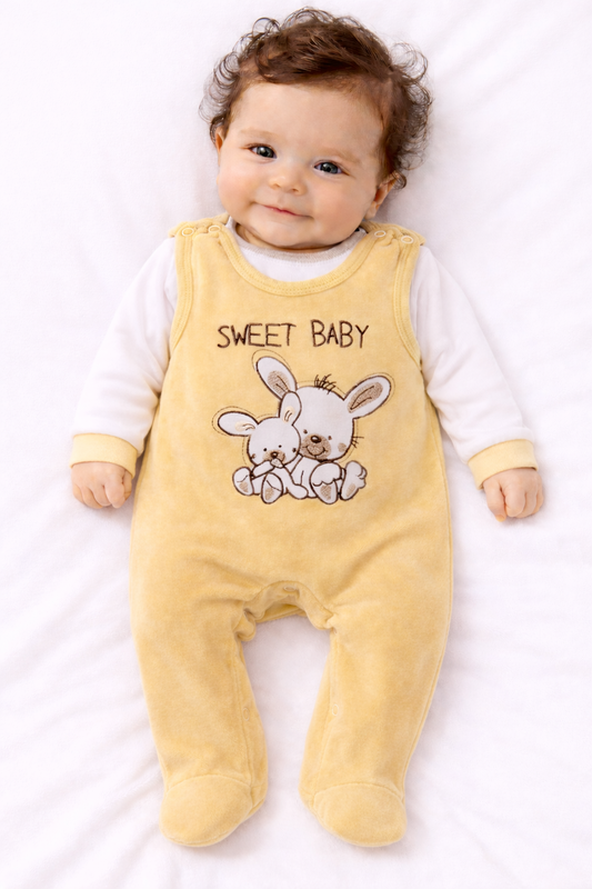 Strampler und Shirt Baby Anzug in Beige mit Hasen-Stickerei