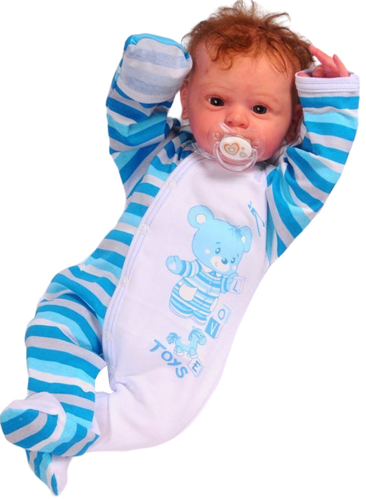 Baby Strampler Overall Schlafanzug in Türkis gestreift mit Bärchen Print