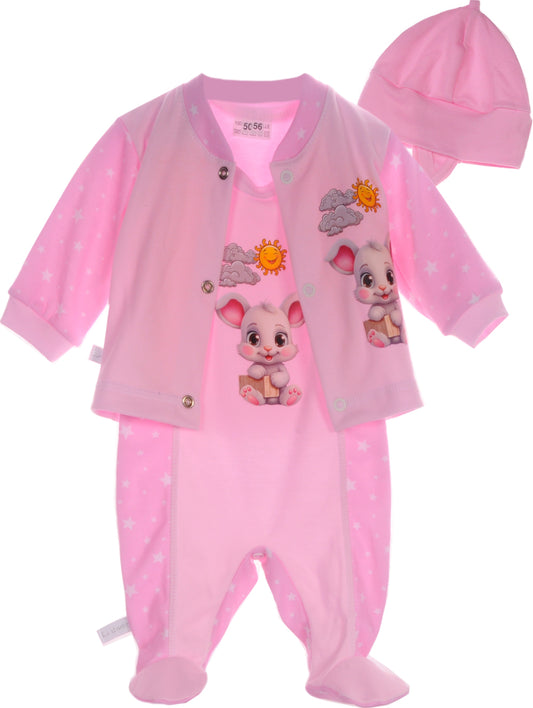 Strampler Mütze und Hemdchen Baby Anzug in Rosa mit Hasen