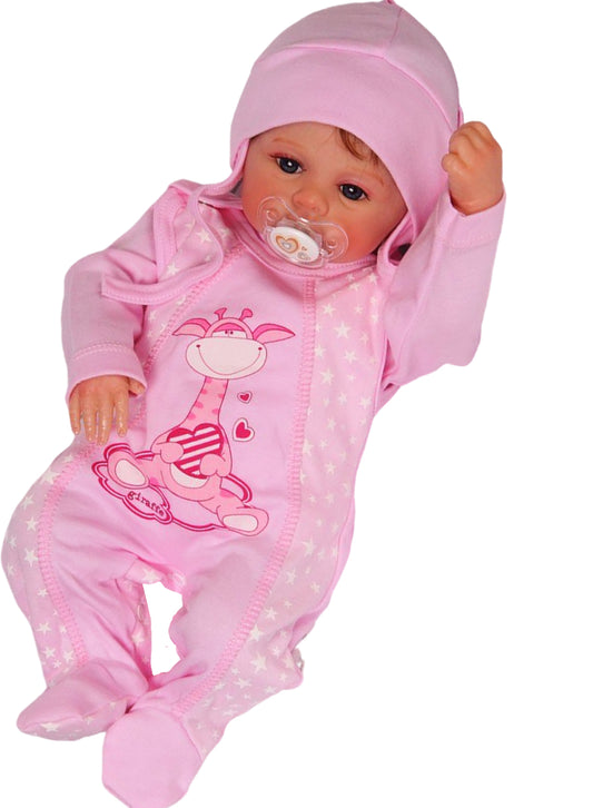 Strampler Mütze und Langarmshirt Baby Anzug in Rosa mit Giraffen Aufdruck