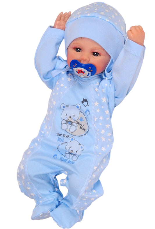 Strampler Mütze und Hemdchen Baby Anzug in Blau mit Bärchen