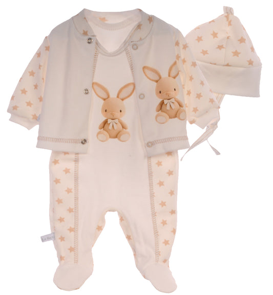 Strampler Mütze und Hemdchen Baby Anzug in Creme mit Hasen