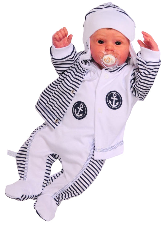 Erstlinsset Strampler Mütze und Hemdchen Baby Anzug gestreift mit Anker