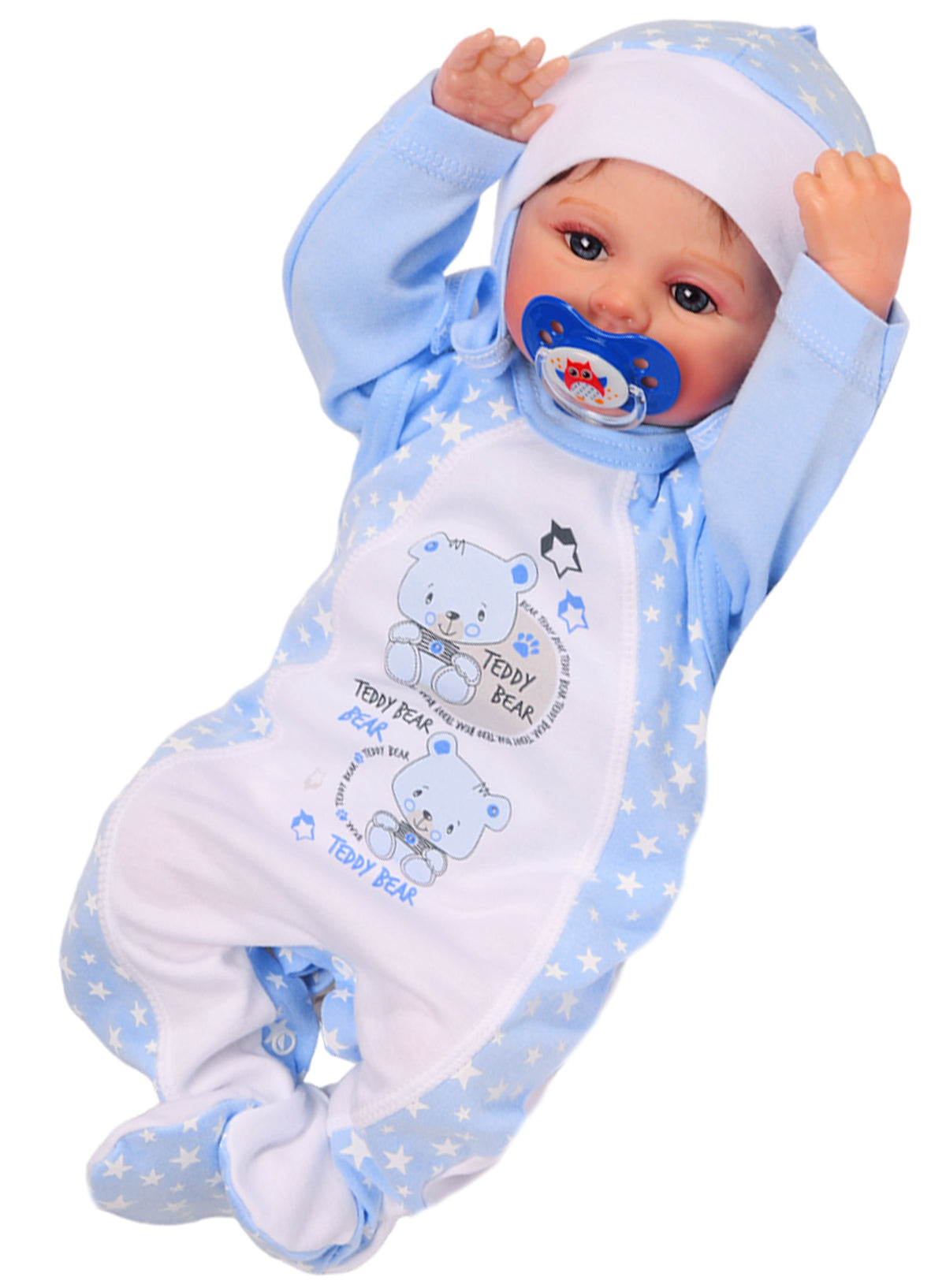 Strampler Mütze Hemdchen Baby Anzug in Blau mit Sternchen und Bärchen