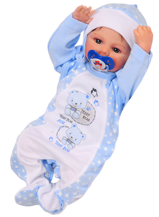 Strampler Mütze Hemdchen Baby Anzug in Blau mit Sternchen und Bärchen