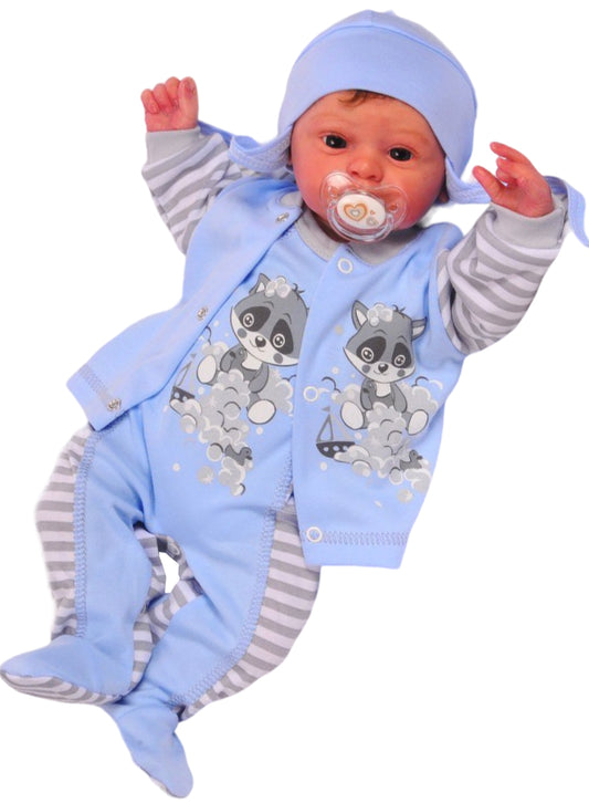 Erstlingsset Strampler Mütze Hemdchen Baby Anzug in Blau mit Waschbär Aufdruck