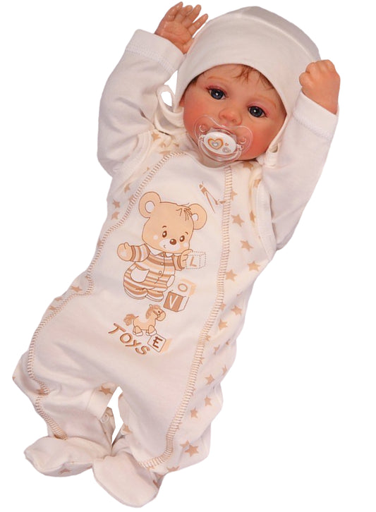 Strampler Mütze und Hemdchen Baby Anzug in Creme mit Sternen und Bären Muster