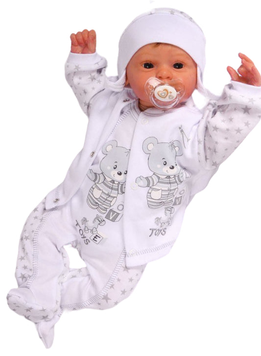 Strampler Mütze Hemdchen Baby Anzug in Weiß grau mit Sternchen und Bären