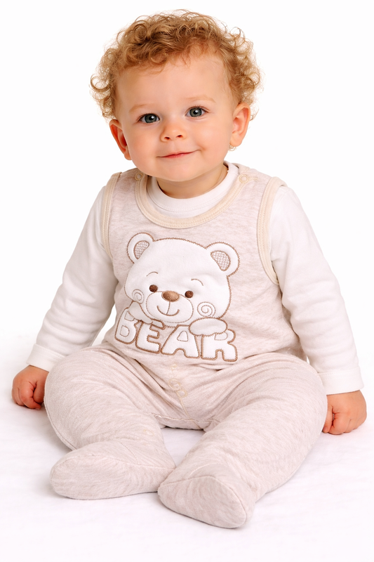 Strampler und Shirt Baby Anzug in Beige weiß aus Velours mit Bärchen