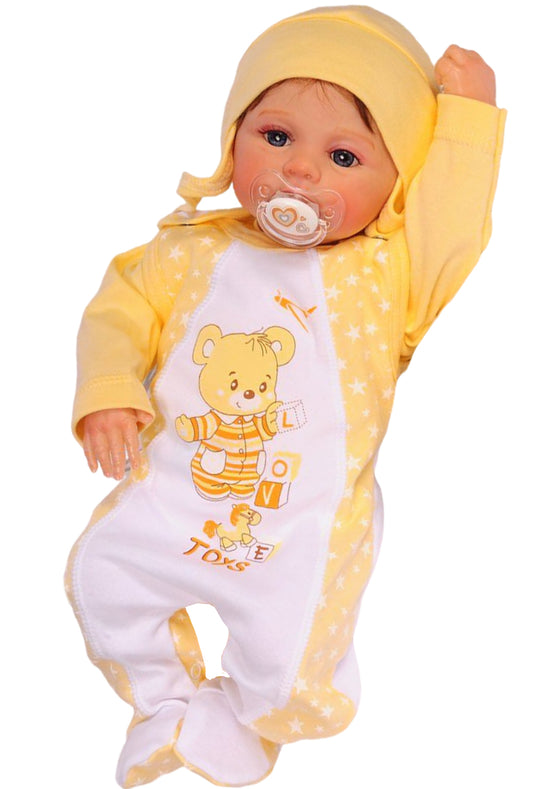 Baby Strampler Mütze Hemdchen Erstlingsset in Gelb mit Sternchen und Bären Aufdruck