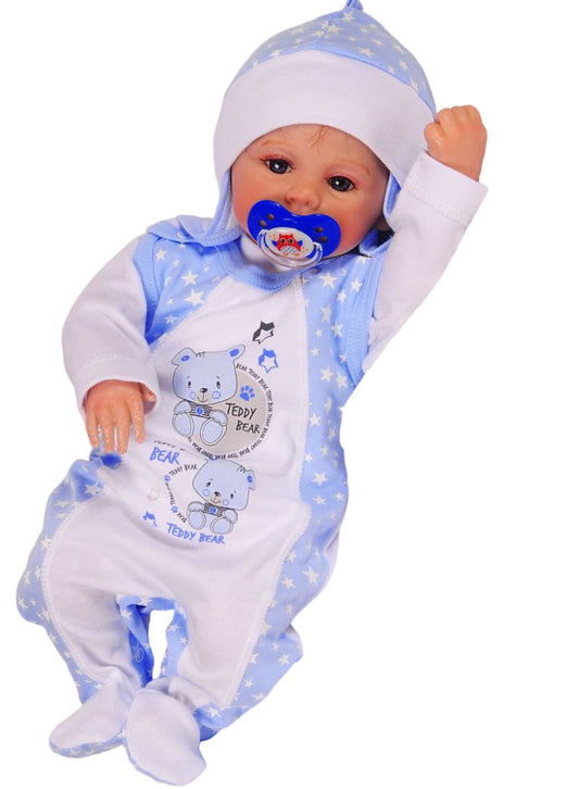 Strampler Mütze und Hemdchen Baby Anzug in Weiß Blau mit Sternchen
