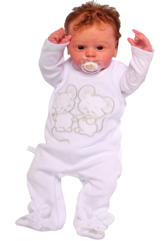 Strampler und Shirt Baby Anzug warm in Weiß mit Mäuschen
