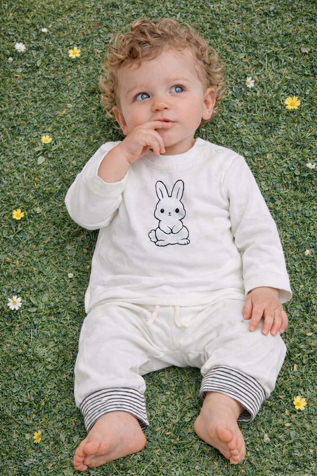 Baby Anzug Langarmshirt und Mitwachshose in Weiß mit Hasen