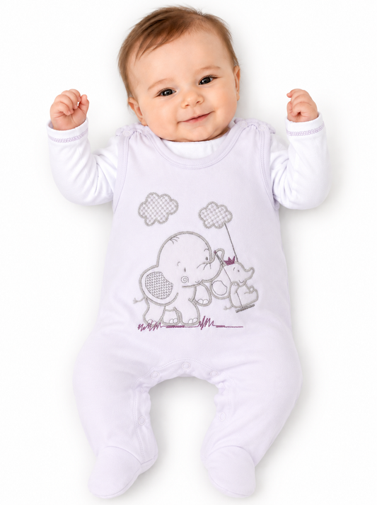 Strampler aus Velours und Shirt Baby Anzug in Weiß mit Elefanten-Applikation