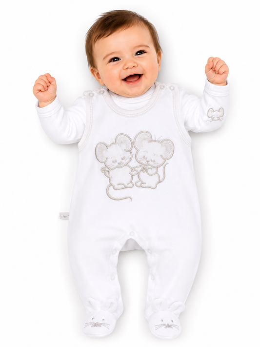 Strampler und Shirt Baby Anzug warm in Weiß mit Mäuschen