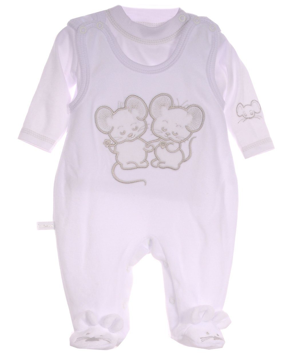 Strampler und Shirt Baby Anzug warm in Weiß mit Mäuschen