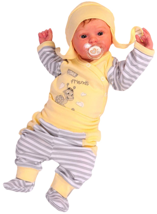 Body Hose und Mütze 3Tlg Baby Anzug in Gelb gestreift mit Schnecken