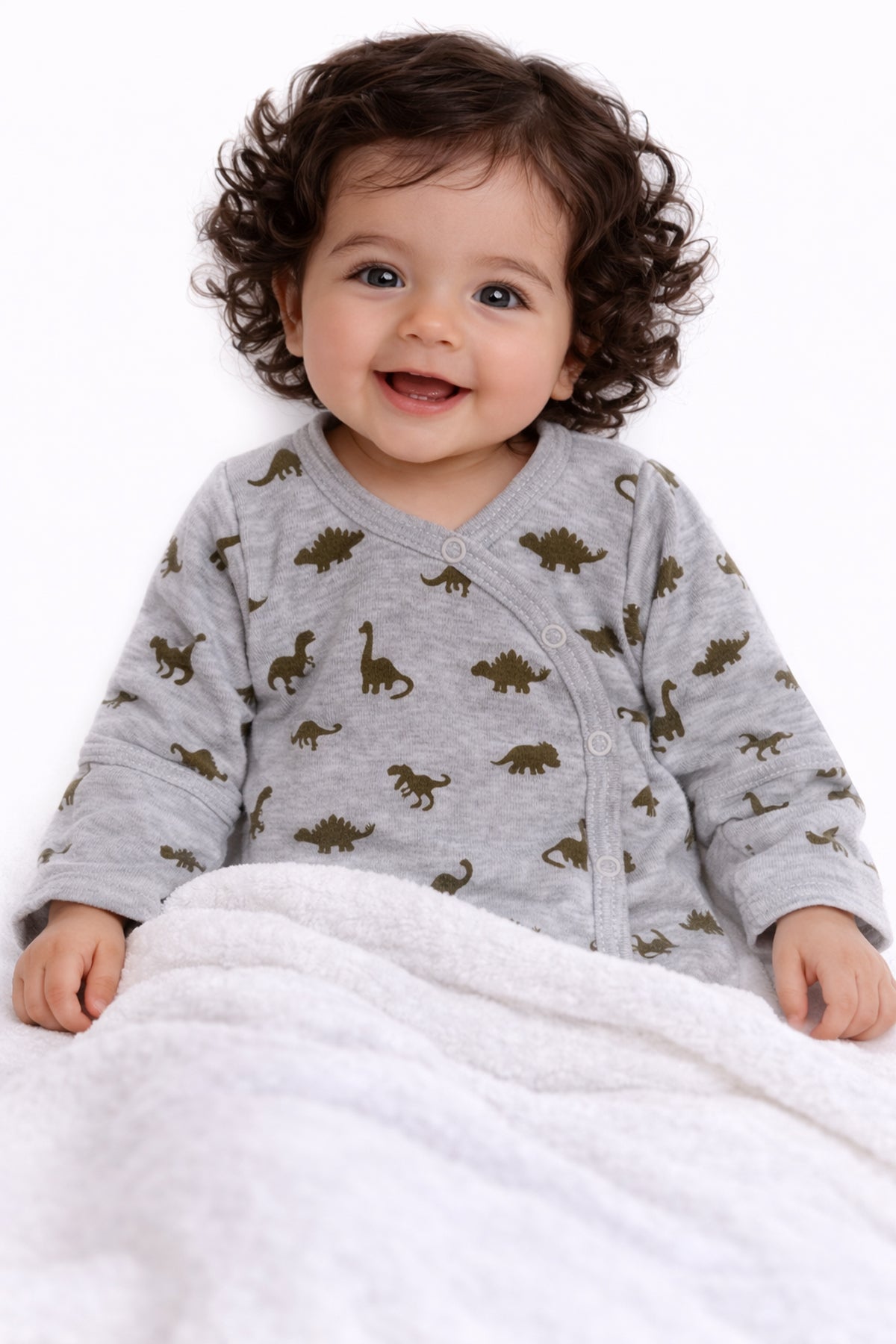 Baby Body Wickelbody langarm mit Kratzschutz in Grau mit Dinos Muster
